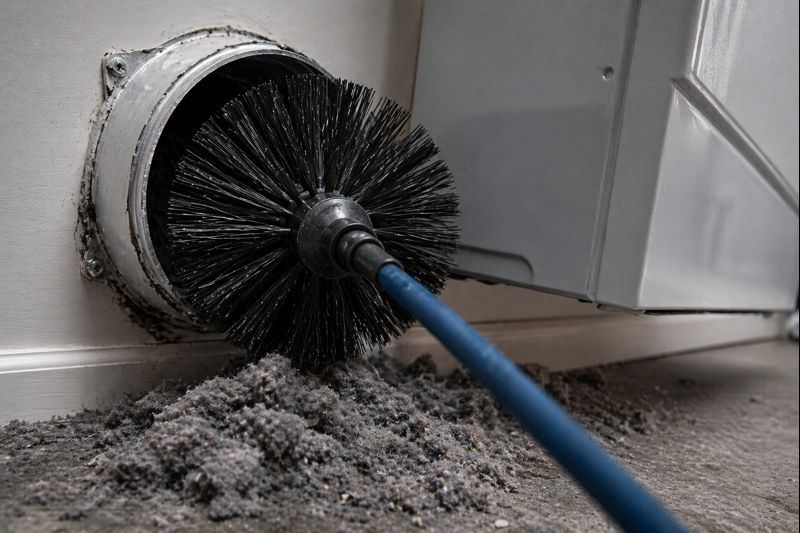 Dryer vent cleaning brush removing lint buildup